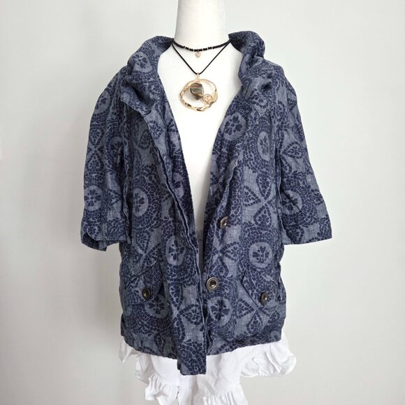 Vintage Boho Linen Medallion Print Jacket Size 14 Blue Y2K Artsy Indie Coastal - Picture 3 of 16